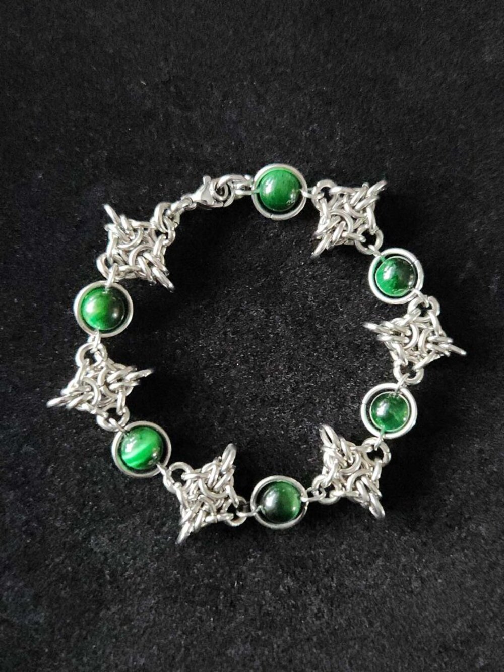 Gothic silver stainless steel and green tiger eyes chainmail bracelet